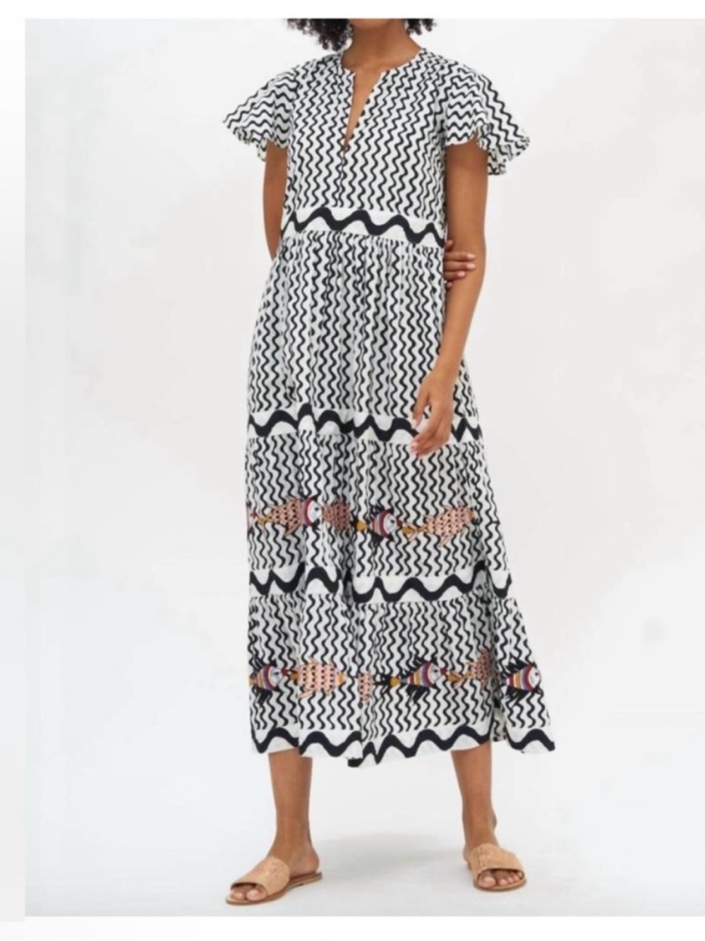 Oliphant Maxi Dress V-neck Flutter Sleeve Wave Fish Embroidery Resort Coastal